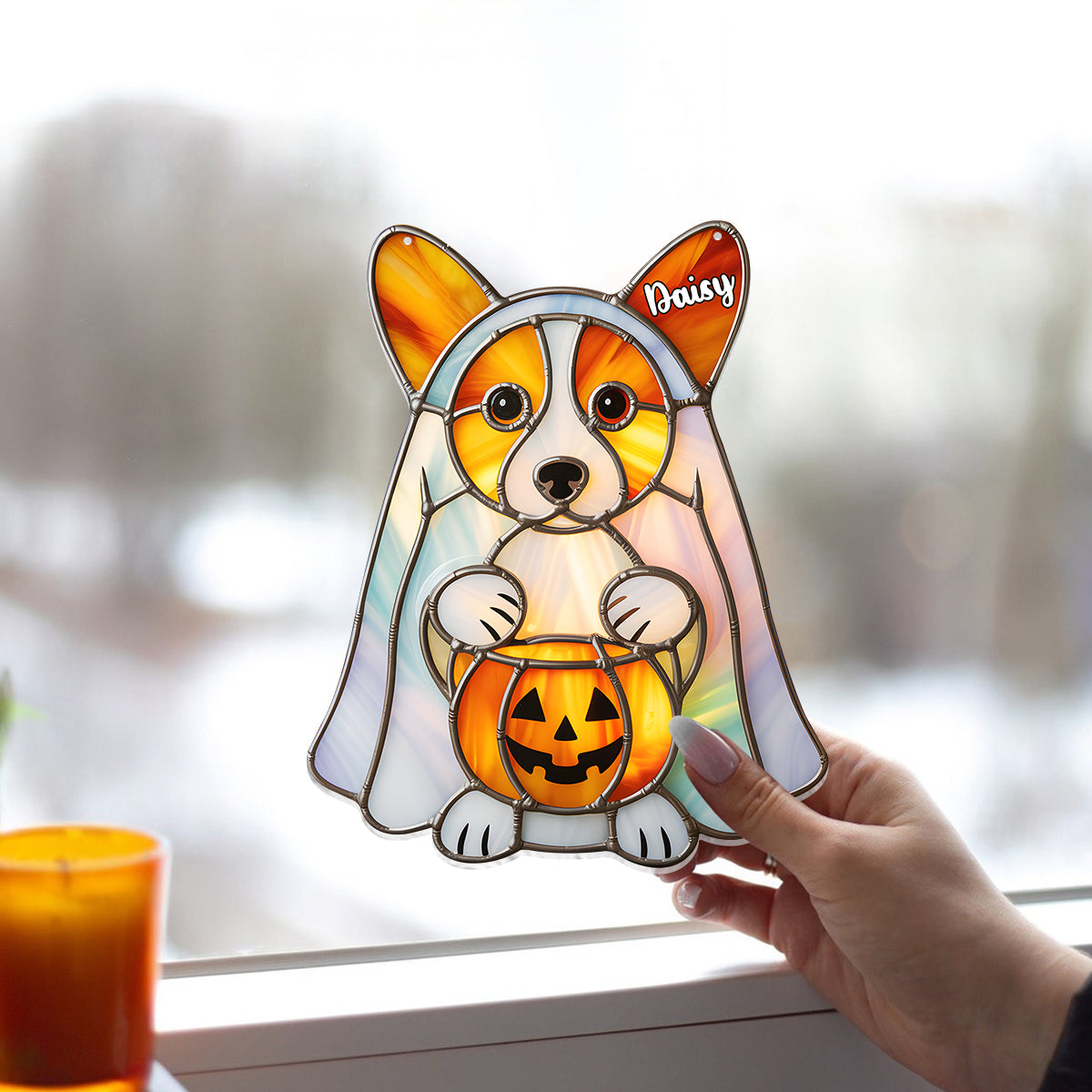 Hallo Herbst – Personalisierter Hunde-Fensterhänger als Sonnenfänger