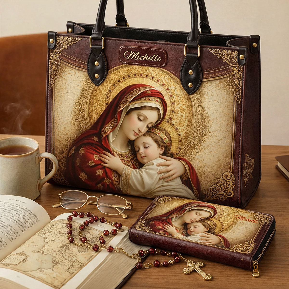 Personalisierte christliche Lederhandtasche und lange Ledergeldbörse – Personalisierte christliche Handtasche und Geldbörse aus Leder