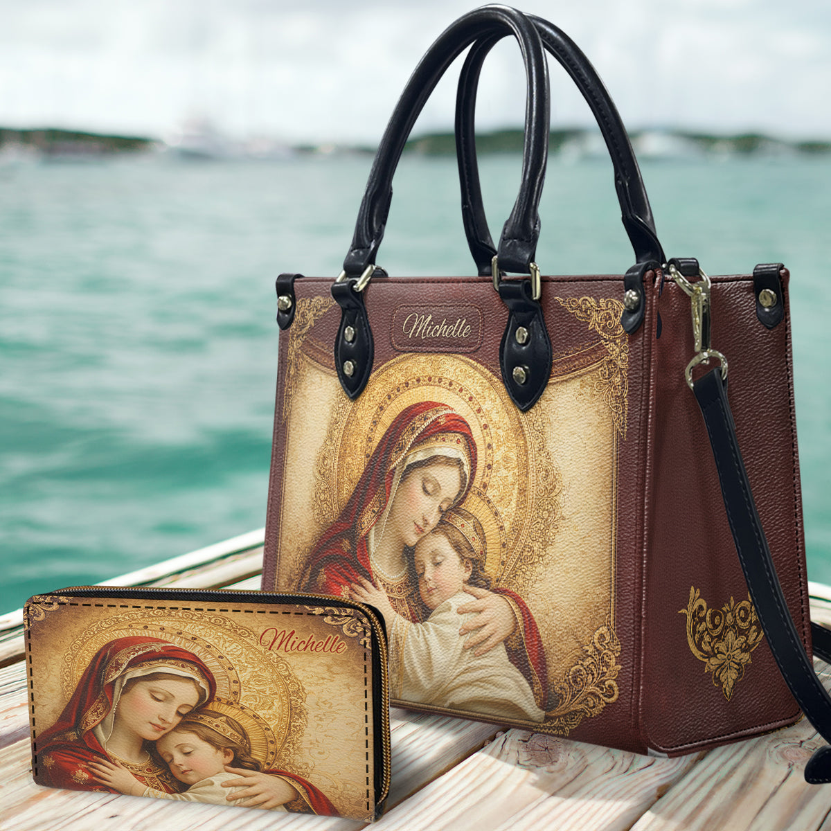 Personalisierte christliche Lederhandtasche und lange Ledergeldbörse – Personalisierte christliche Handtasche und Geldbörse aus Leder
