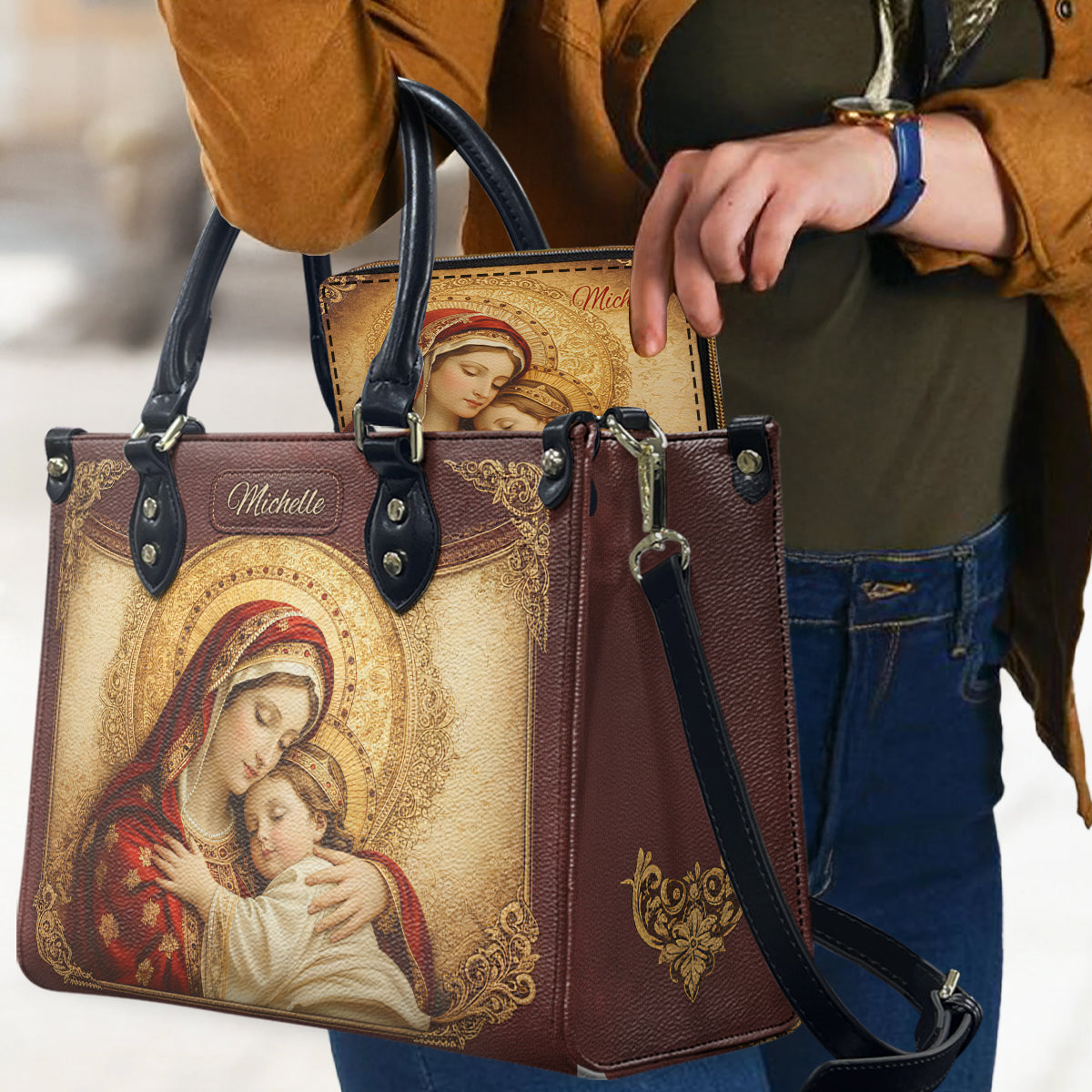 Personalisierte christliche Lederhandtasche und lange Ledergeldbörse – Personalisierte christliche Handtasche und Geldbörse aus Leder