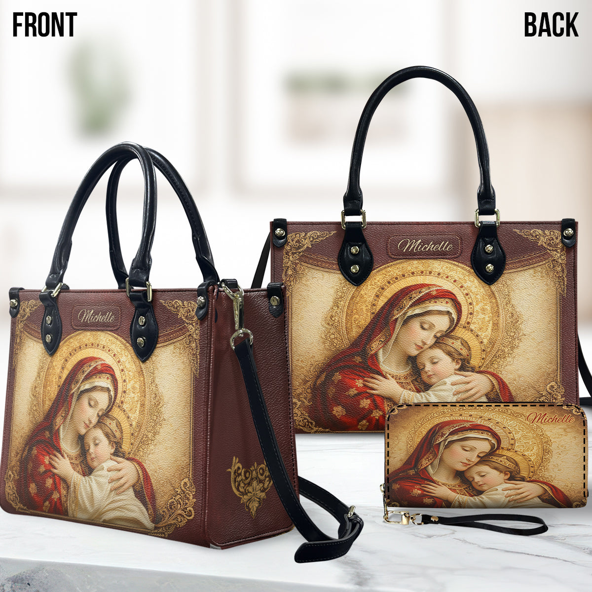 Personalisierte christliche Lederhandtasche und lange Ledergeldbörse – Personalisierte christliche Handtasche und Geldbörse aus Leder