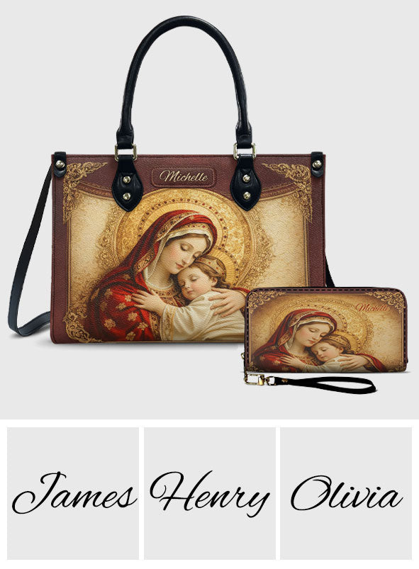 Personalisierte christliche Lederhandtasche und lange Ledergeldbörse – Personalisierte christliche Handtasche und Geldbörse aus Leder