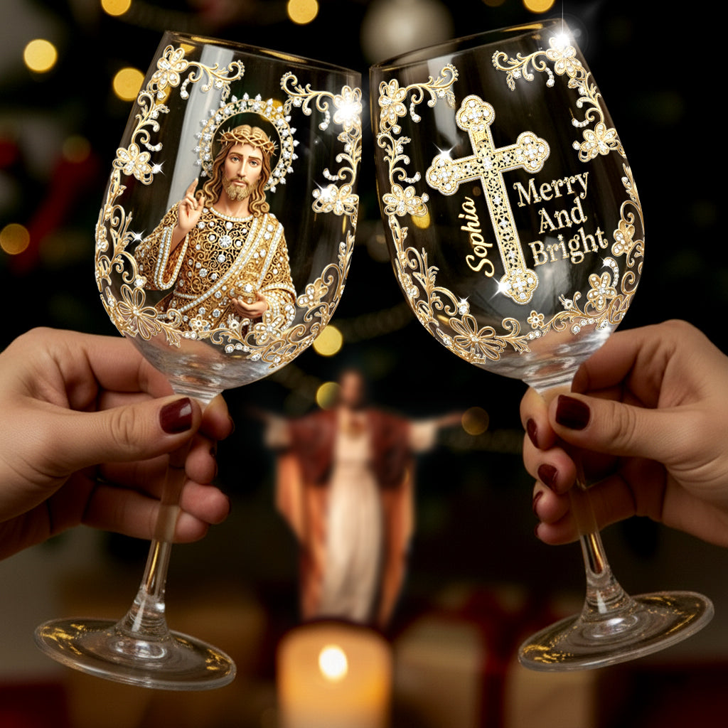 Jésus Noël Joyeux et Lumineux - Verre à vin chrétien personnalisé à longue tige
