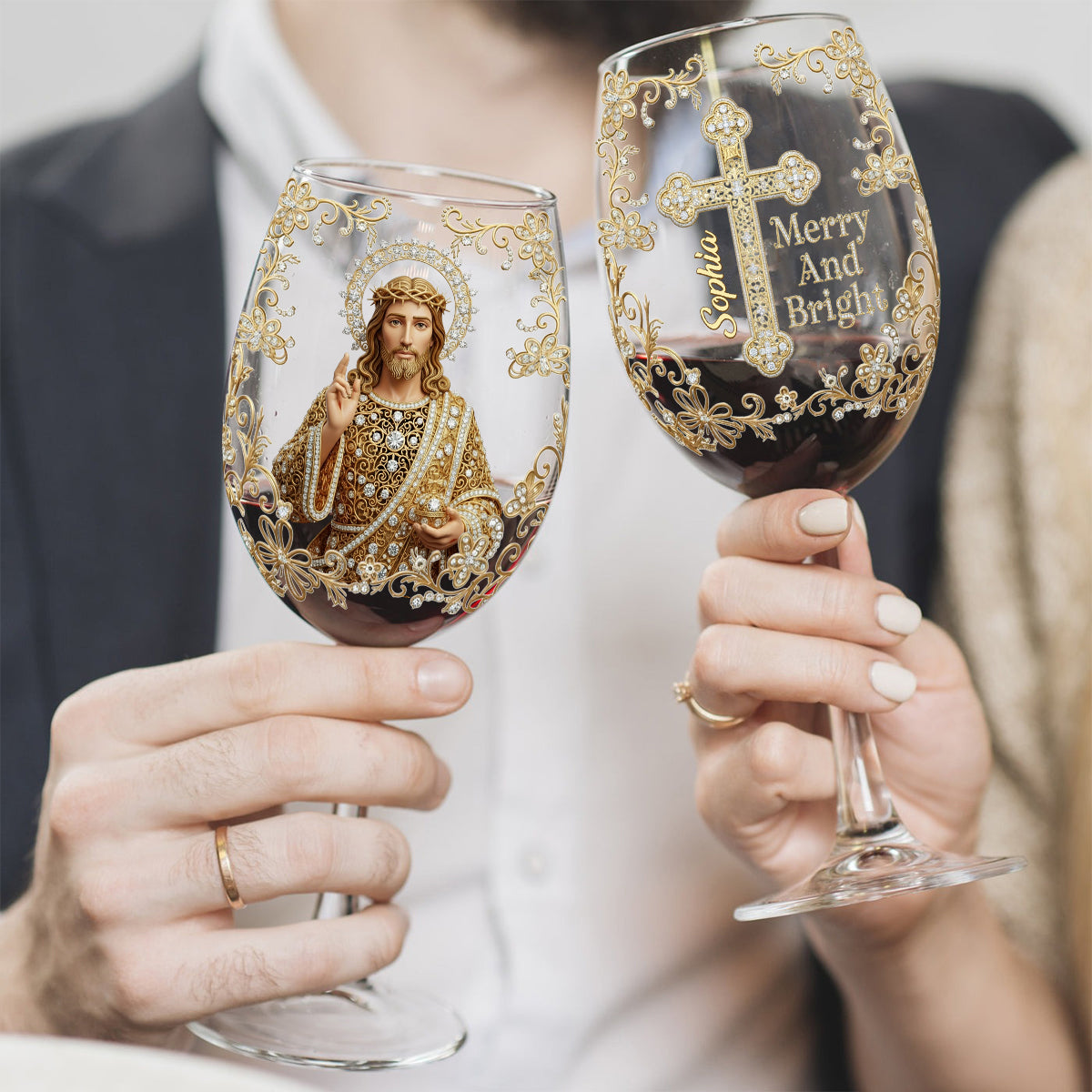 Jésus Noël Joyeux et Lumineux - Verre à vin chrétien personnalisé à longue tige