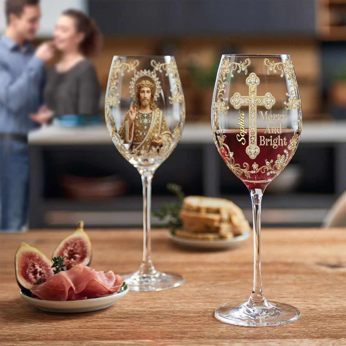 Jésus Noël Joyeux et Lumineux - Verre à vin chrétien personnalisé à longue tige