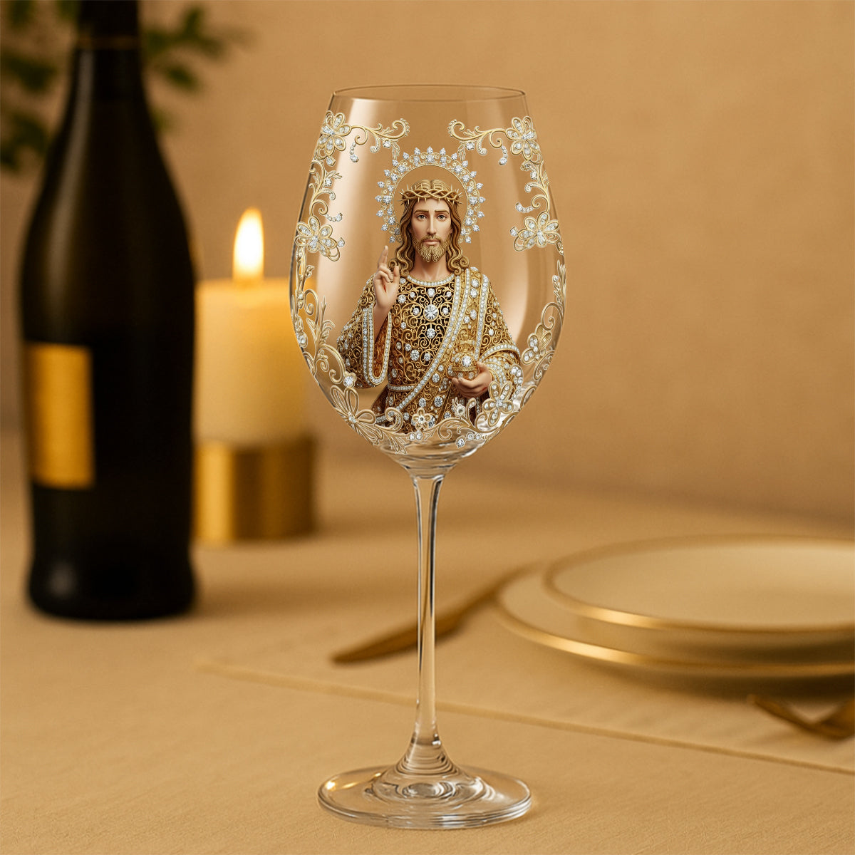 Jésus Noël Joyeux et Lumineux - Verre à vin chrétien personnalisé à longue tige