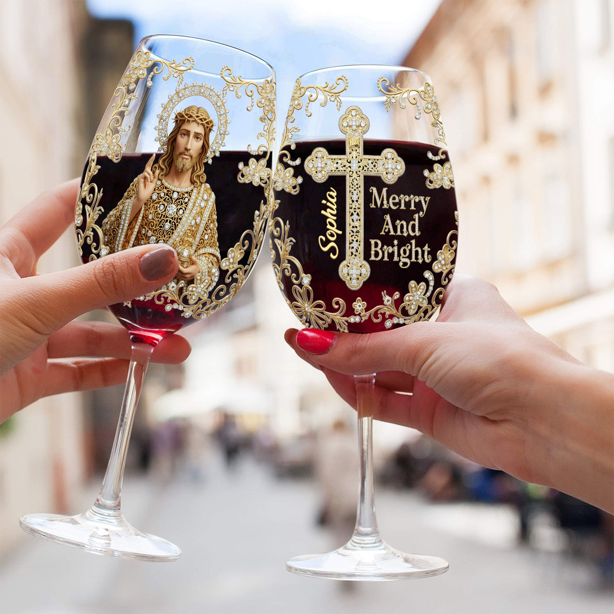Jésus Noël Joyeux et Lumineux - Verre à vin chrétien personnalisé à longue tige