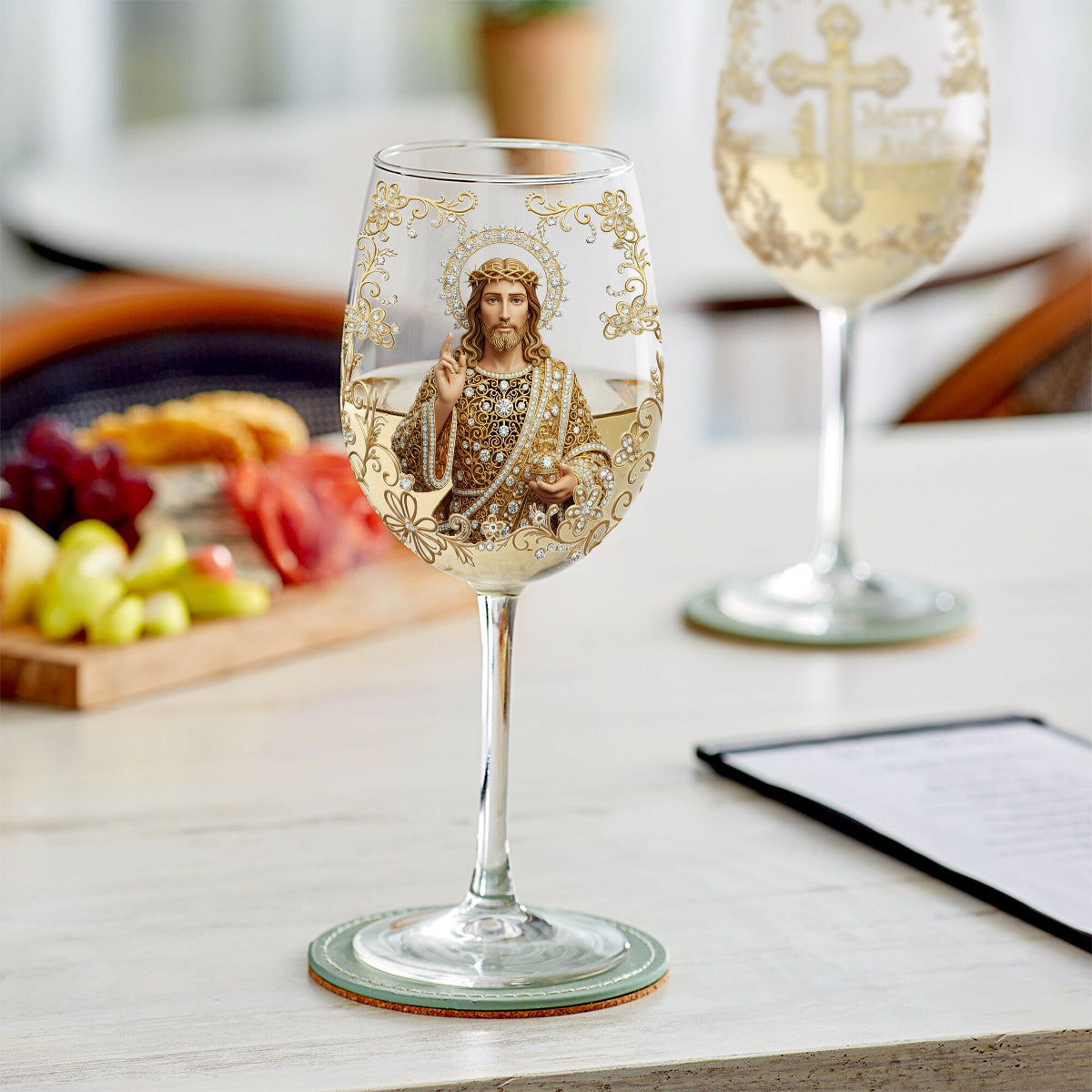 Jésus Noël Joyeux et Lumineux - Verre à vin chrétien personnalisé à longue tige