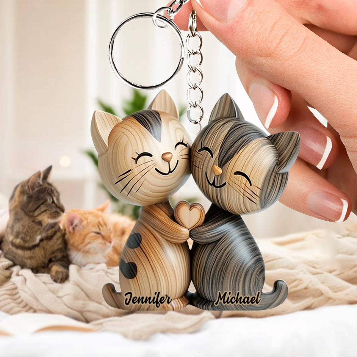 Niedliches Katzenpärchen – personalisierter Katzen-Schlüsselanhänger