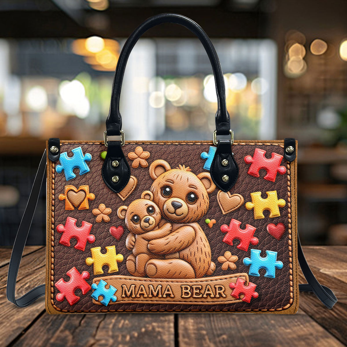 Sac à main en cuir Mama Bear - Sensibilisation à l'autisme