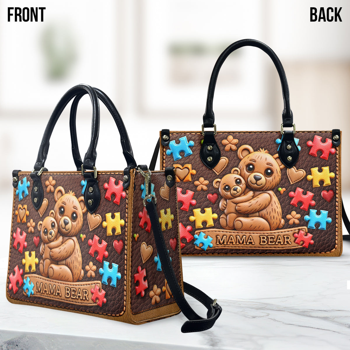 Sac à main en cuir Mama Bear - Sensibilisation à l'autisme