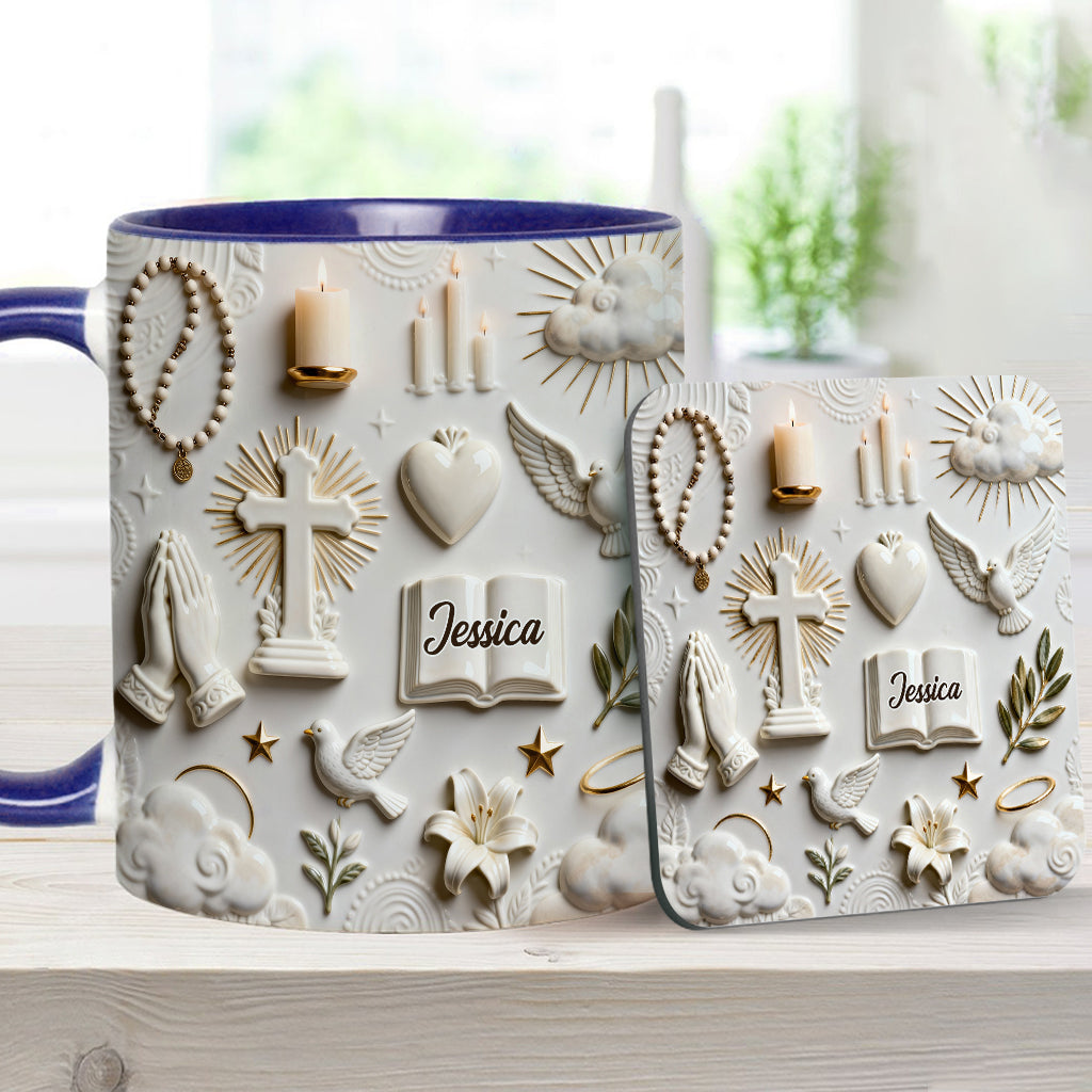 Glaube statt Angst – Personalisierte Tasse und Untersetzer mit christlichem Motiv