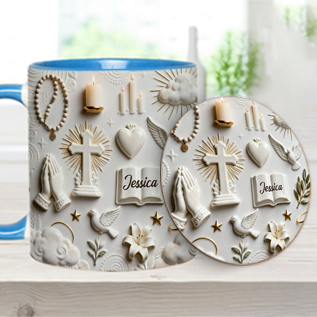 Glaube statt Angst – Personalisierte Tasse und Untersetzer mit christlichem Motiv