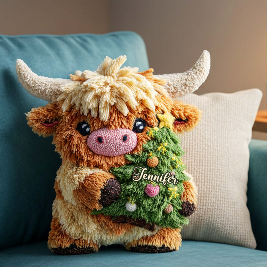 Niedliches Hochlandrind-Weihnachtsgeschenk – Personalisiertes Kissen in Form eines Hochlandrinds