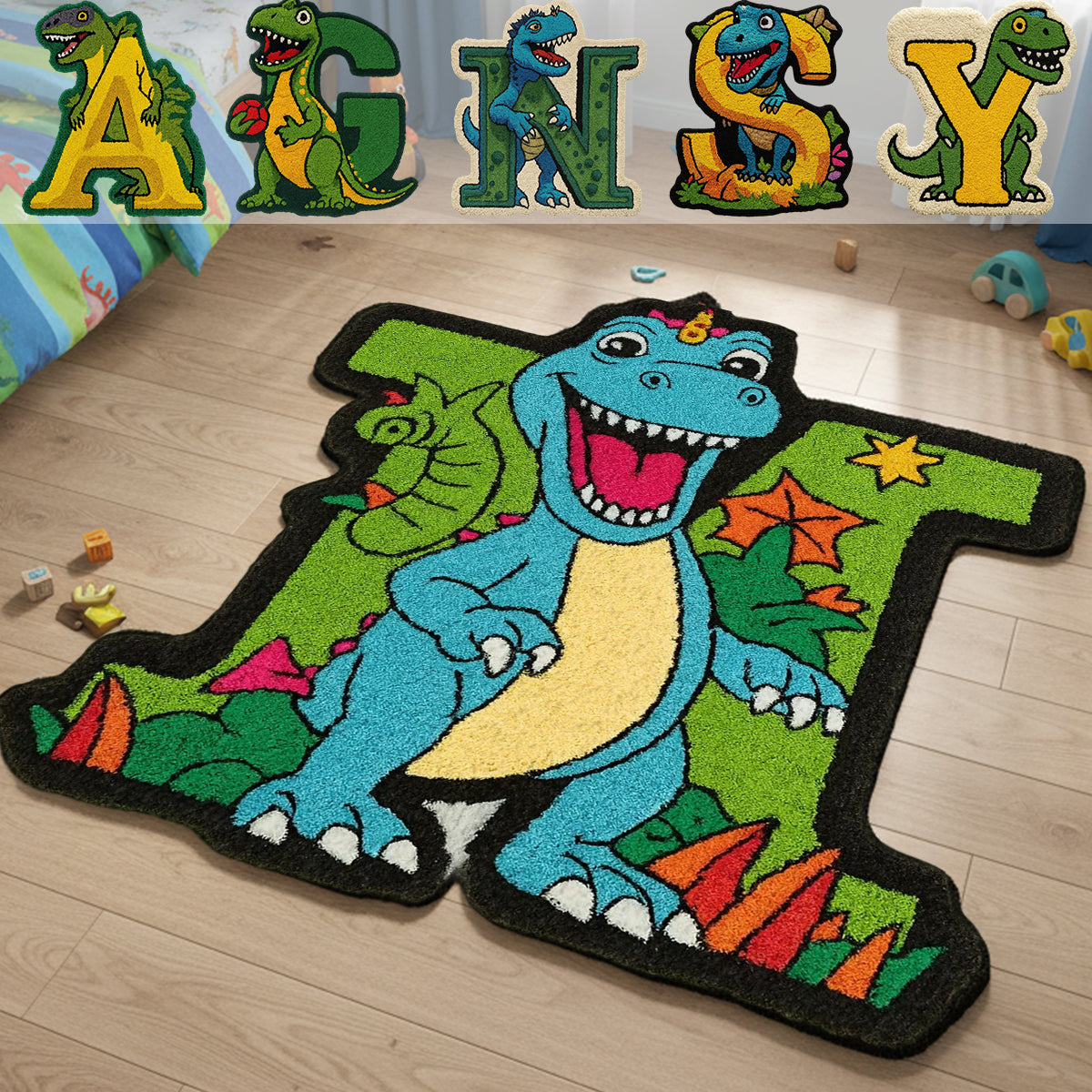 Tapis personnalisé pour enfant avec initiale de dinosaure - Cadeau idéal pour les enfants