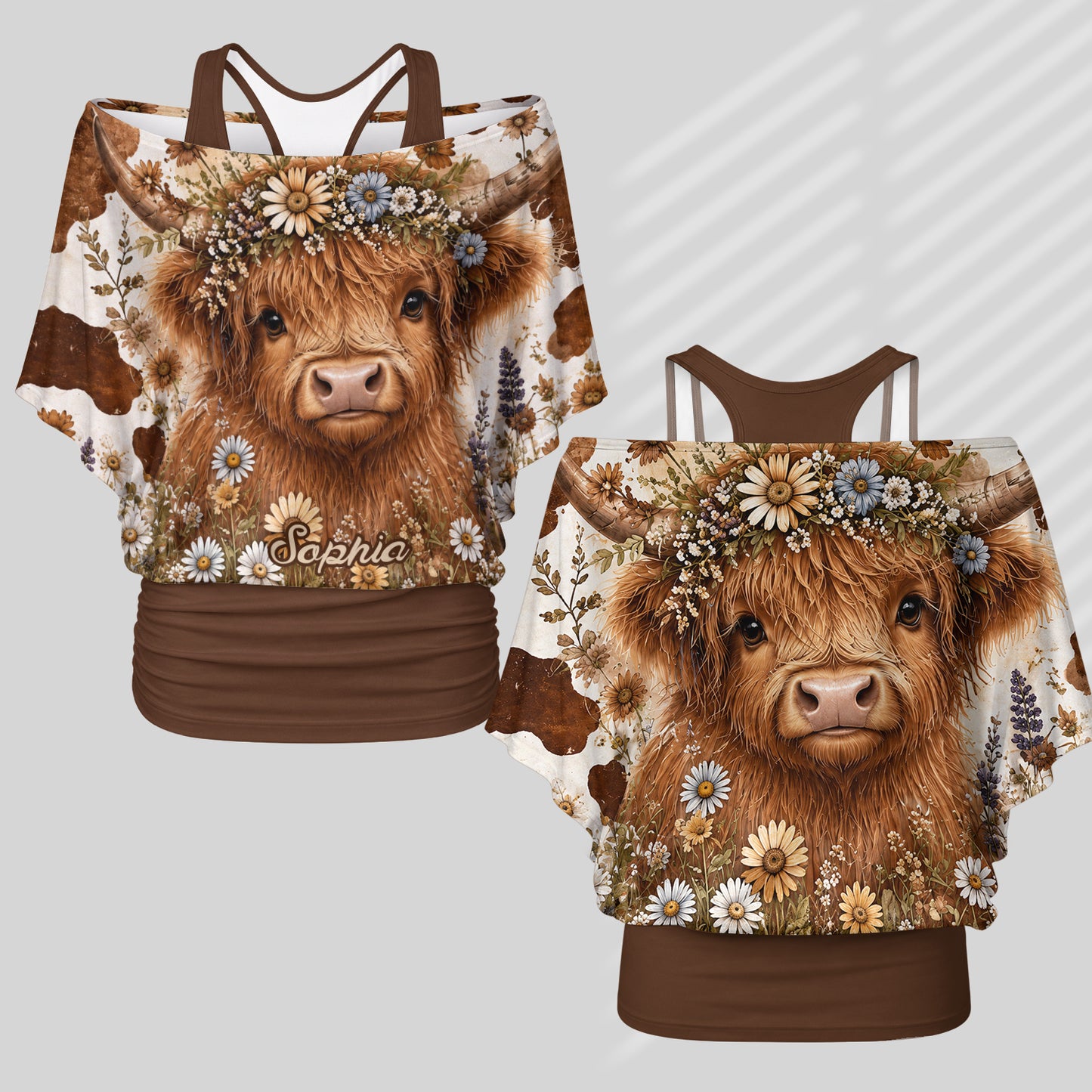 Cute Highland Cows - Personalized Highland Cow Off-Shoulder Top Set