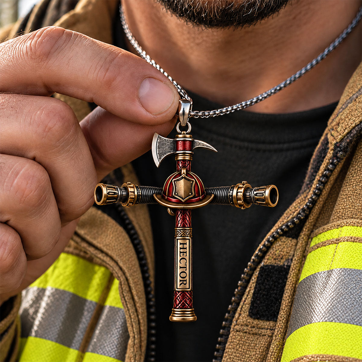 Strengthened By Christ - Personalized Firefighter Shaped Metal Pendant Necklace