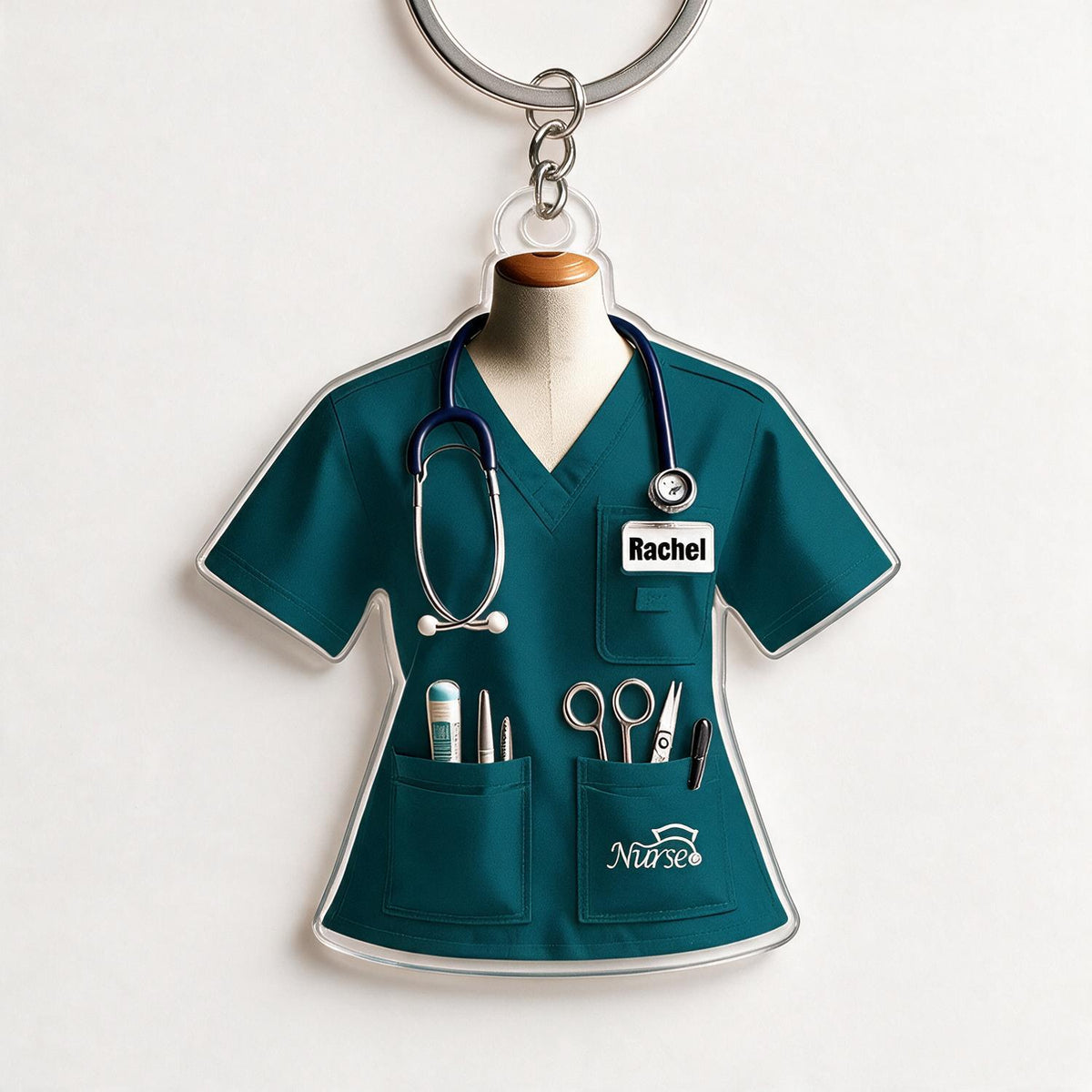 Personalized Teal Nurse Scrub Uniform Acrylic Keychain, Custom Name Nurse Gift