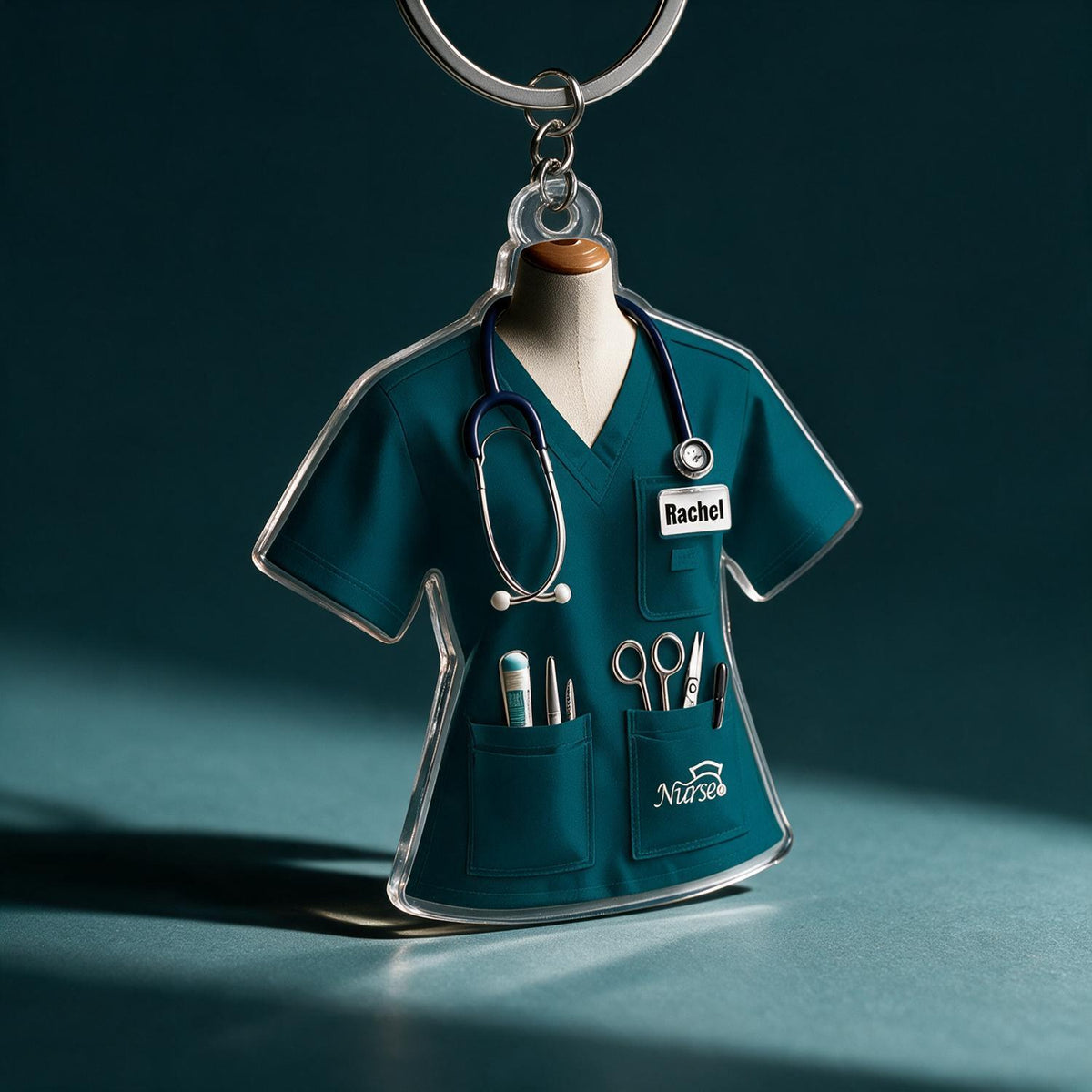 Personalized Teal Nurse Scrub Uniform Acrylic Keychain, Custom Name Nurse Gift