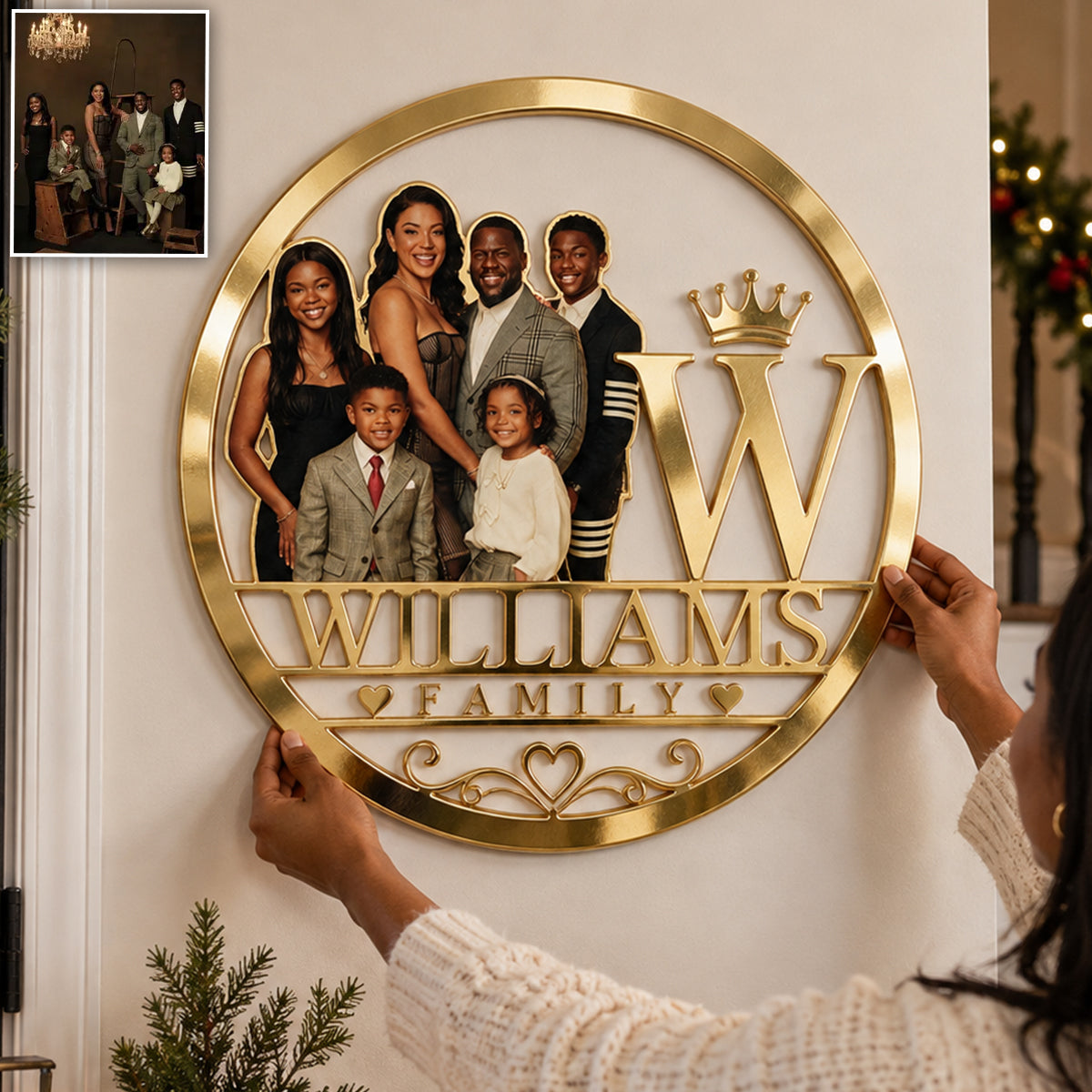 Custom Family Photo & Initial Gold Sign - Personalized Family Cut Metal Sign