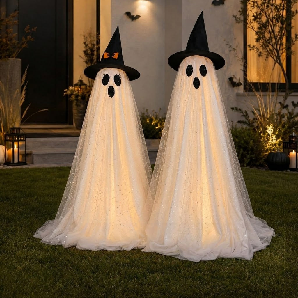 2er Set Glitzer-Mesh-Geisterlichter mit Fernbedienung