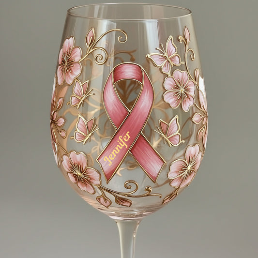 Ruban rose - Verre à vin personnalisé pour la sensibilisation au cancer du sein avec longue tige