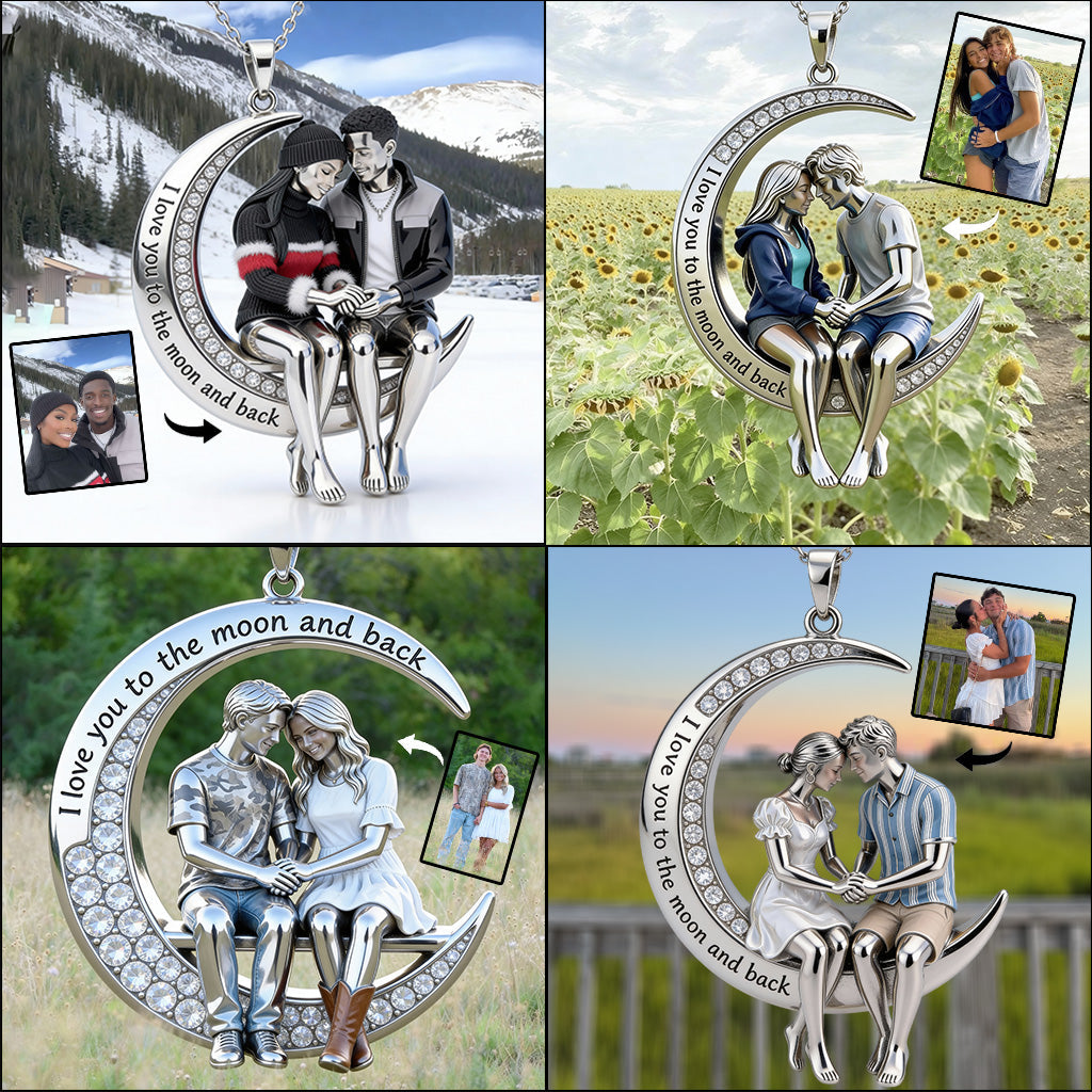 I Love You to the Moon and Back - Personalized Couple Shaped Metal Pendant Necklace