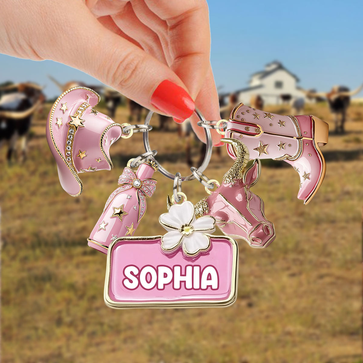 Porte-clés cowgirl rose personnalisé avec breloques