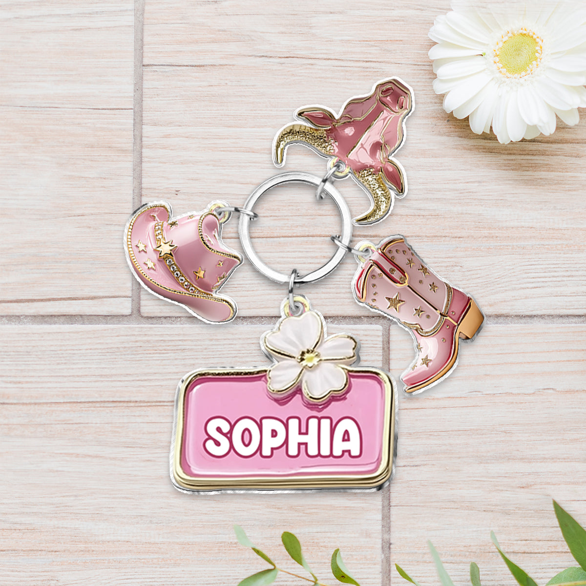 Porte-clés cowgirl rose personnalisé avec breloques