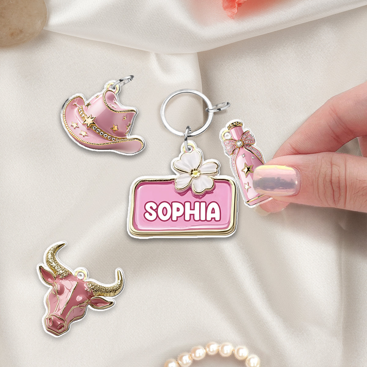 Porte-clés cowgirl rose personnalisé avec breloques