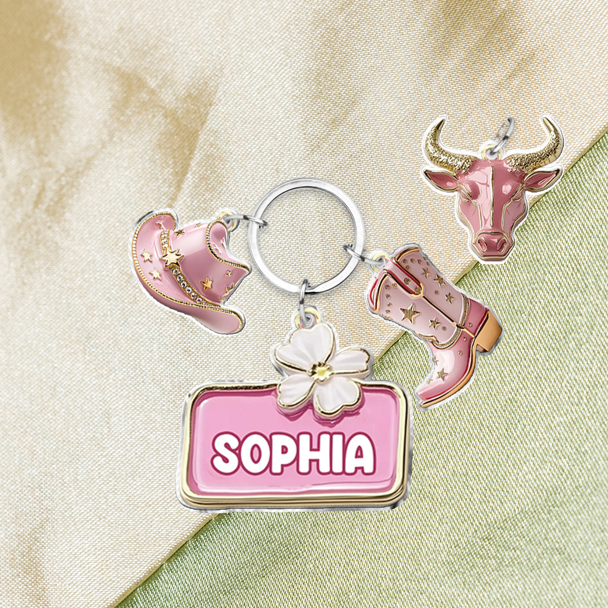 Porte-clés cowgirl rose personnalisé avec breloques