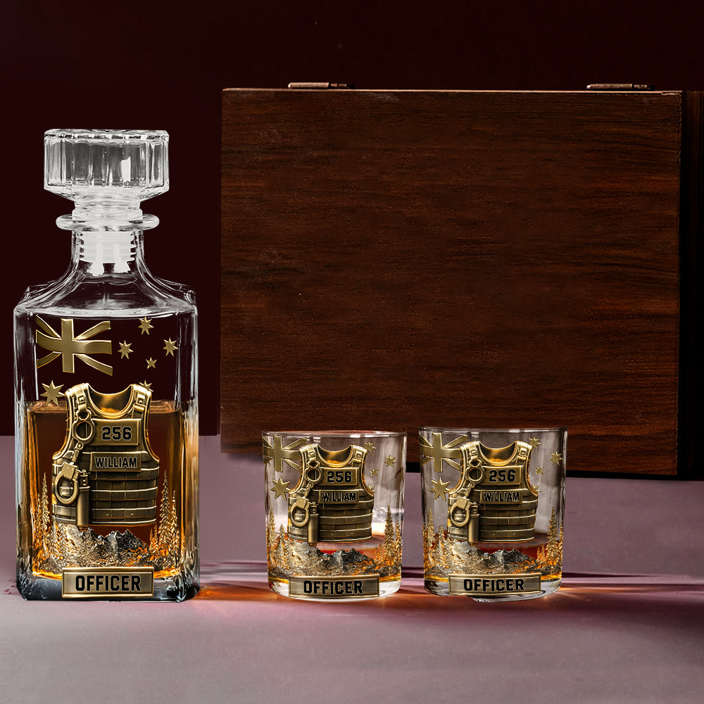 Dienen und Schützen – Personalisiertes Whiskey-Dekanter-Set für Polizeibeamte