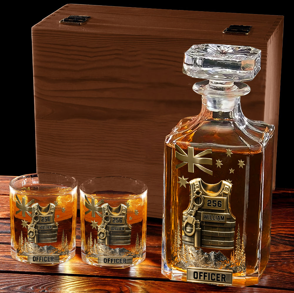 Dienen und Schützen – Personalisiertes Whiskey-Dekanter-Set für Polizeibeamte
