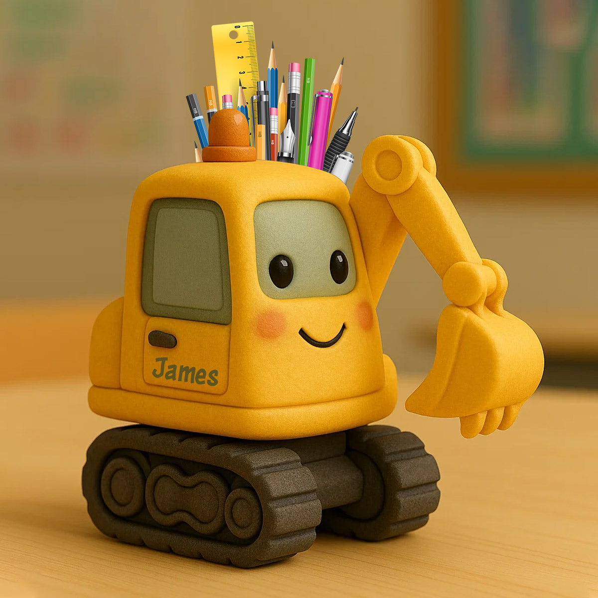 Niedlicher Bagger – personalisierter Stiftehalter aus Holz für Kinder