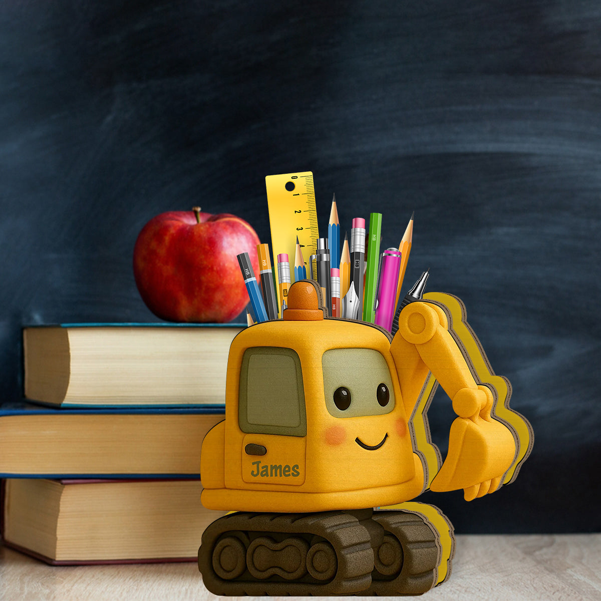 Niedlicher Bagger – personalisierter Stiftehalter aus Holz für Kinder