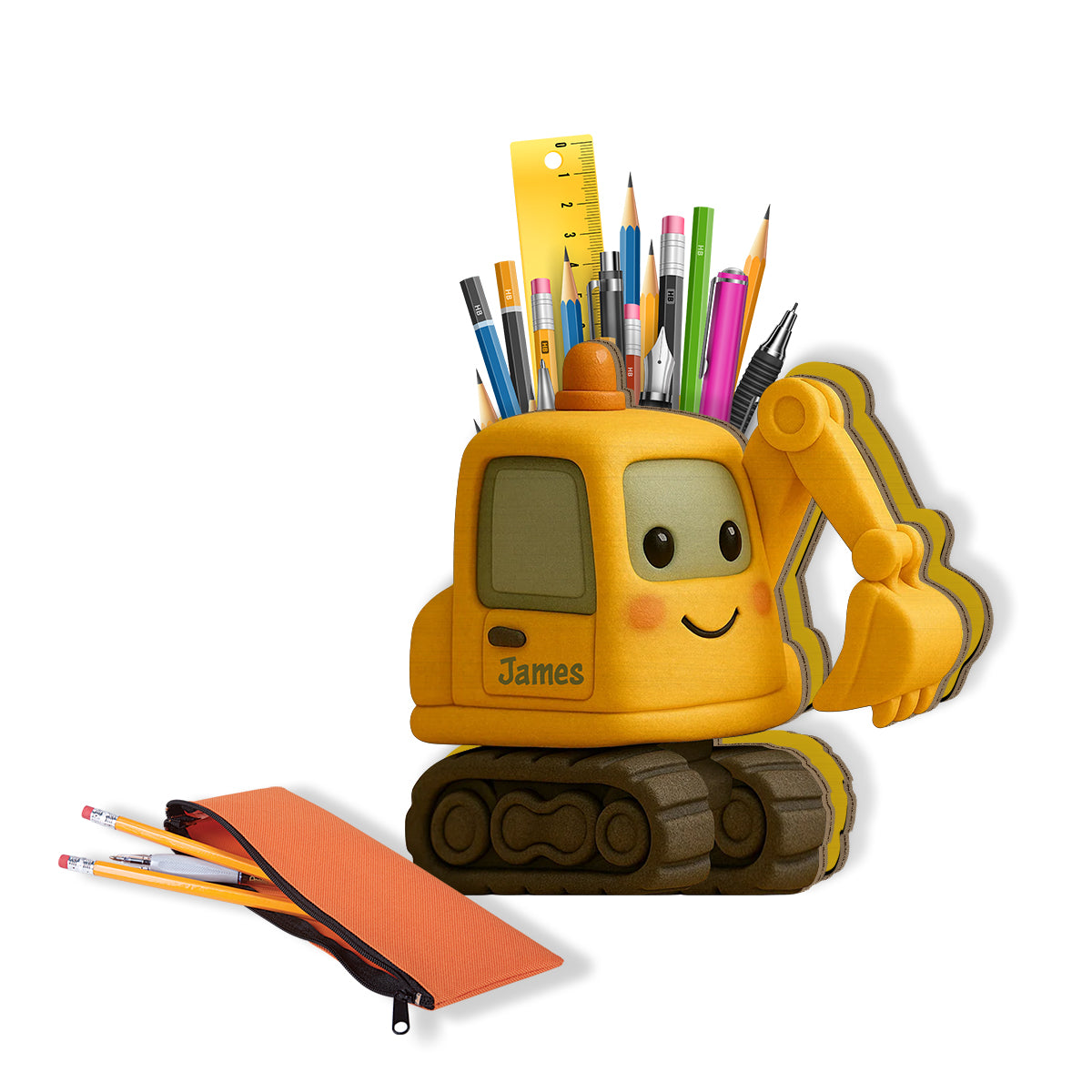 Niedlicher Bagger – personalisierter Stiftehalter aus Holz für Kinder