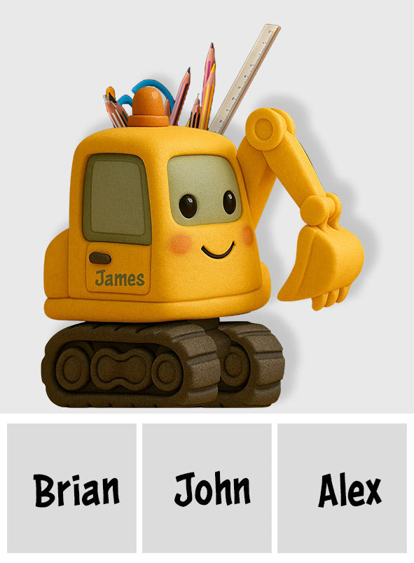 Niedlicher Bagger – personalisierter Stiftehalter aus Holz für Kinder