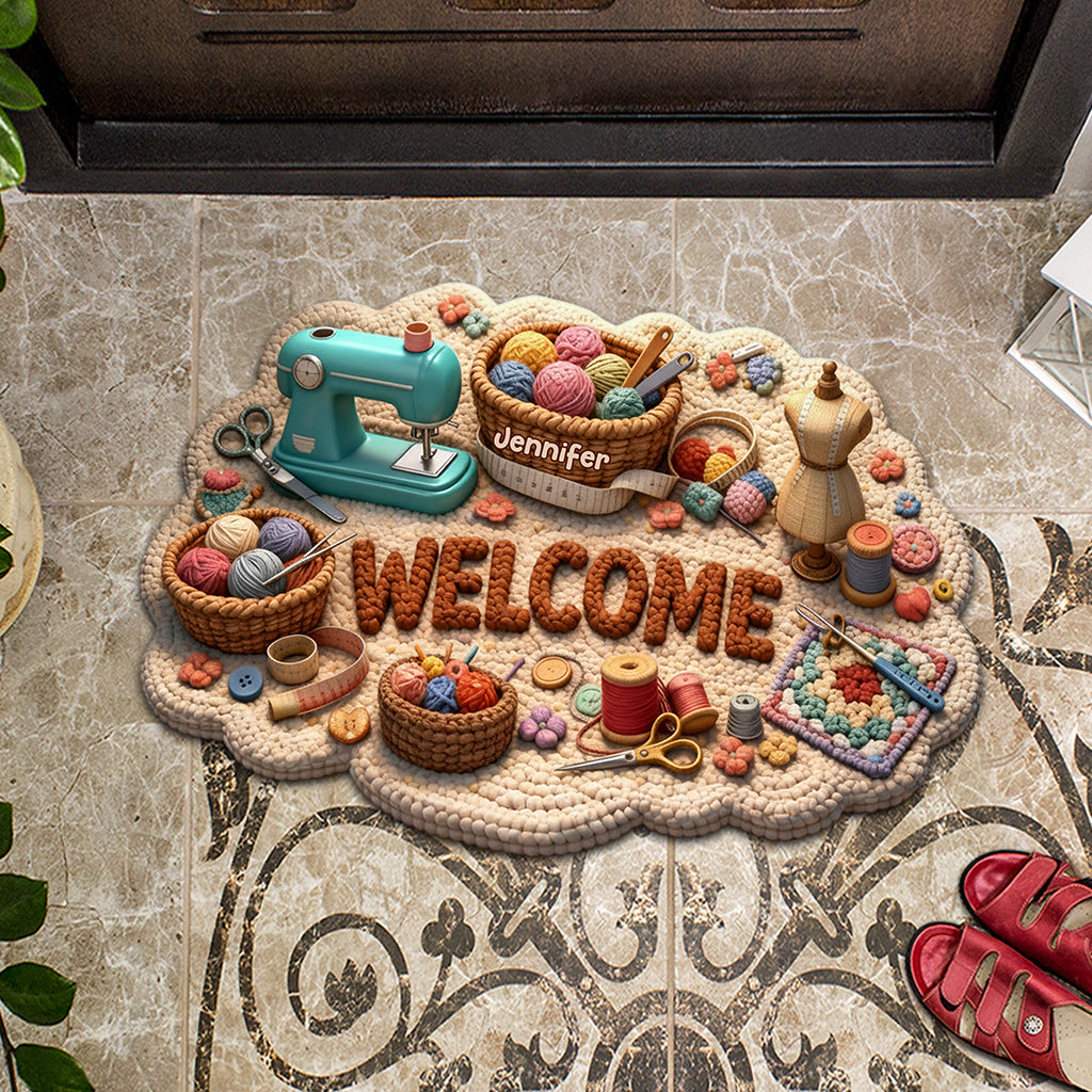 Cadeau idéal pour les passionnés de couture : paillasson/tapis de porte personnalisé en forme de point de couture.