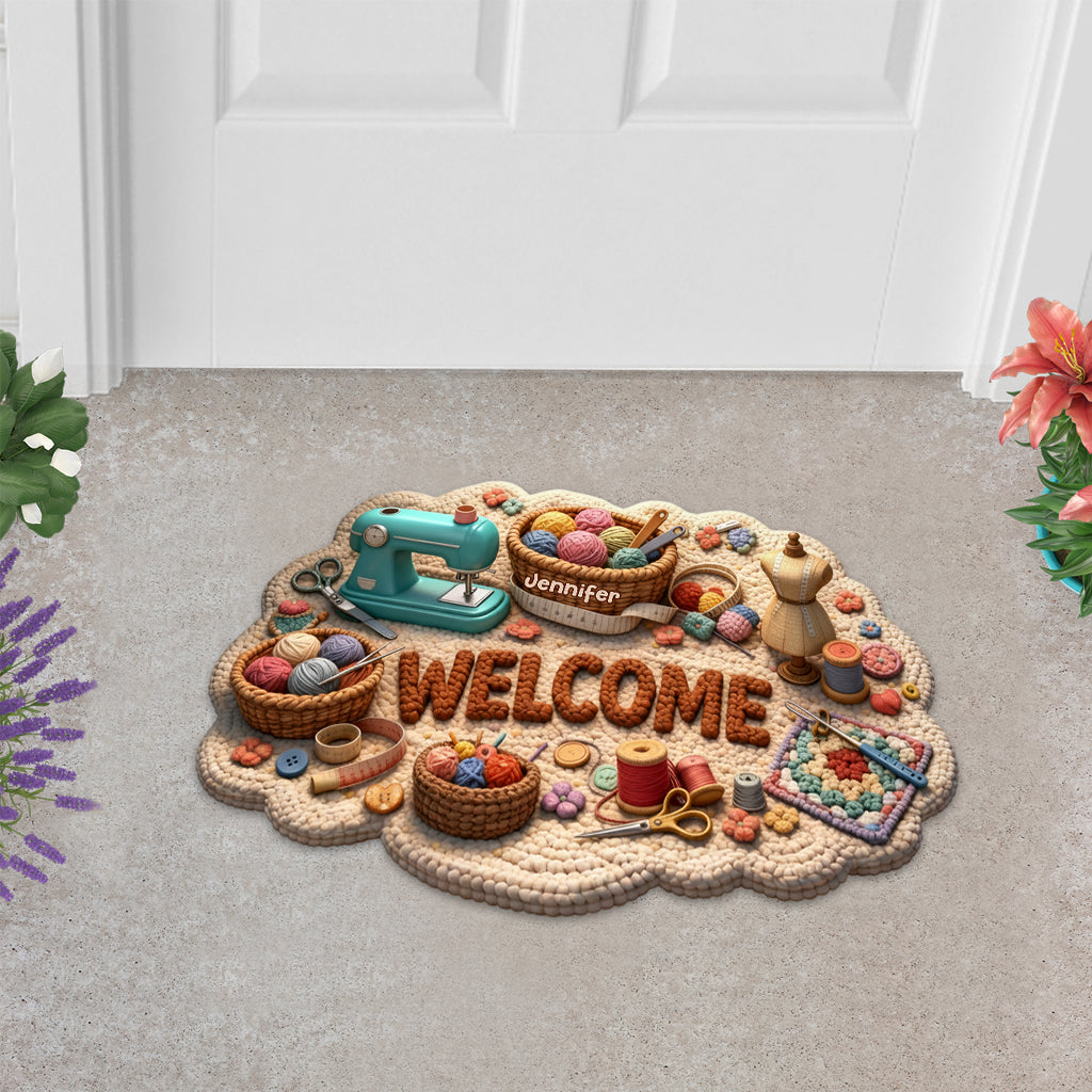 Cadeau idéal pour les passionnés de couture : paillasson/tapis de porte personnalisé en forme de point de couture.