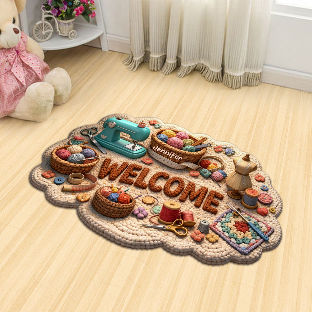 Cadeau idéal pour les passionnés de couture : paillasson/tapis de porte personnalisé en forme de point de couture.