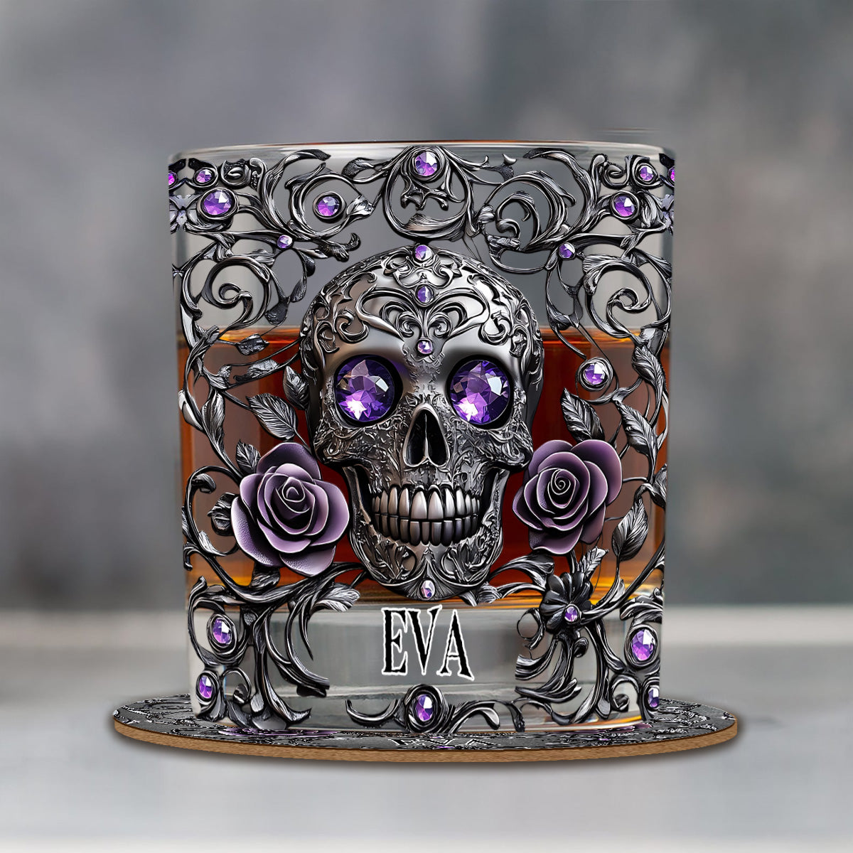 Beautiful Skull And Roses - Personalized Skull Whiskey Glass