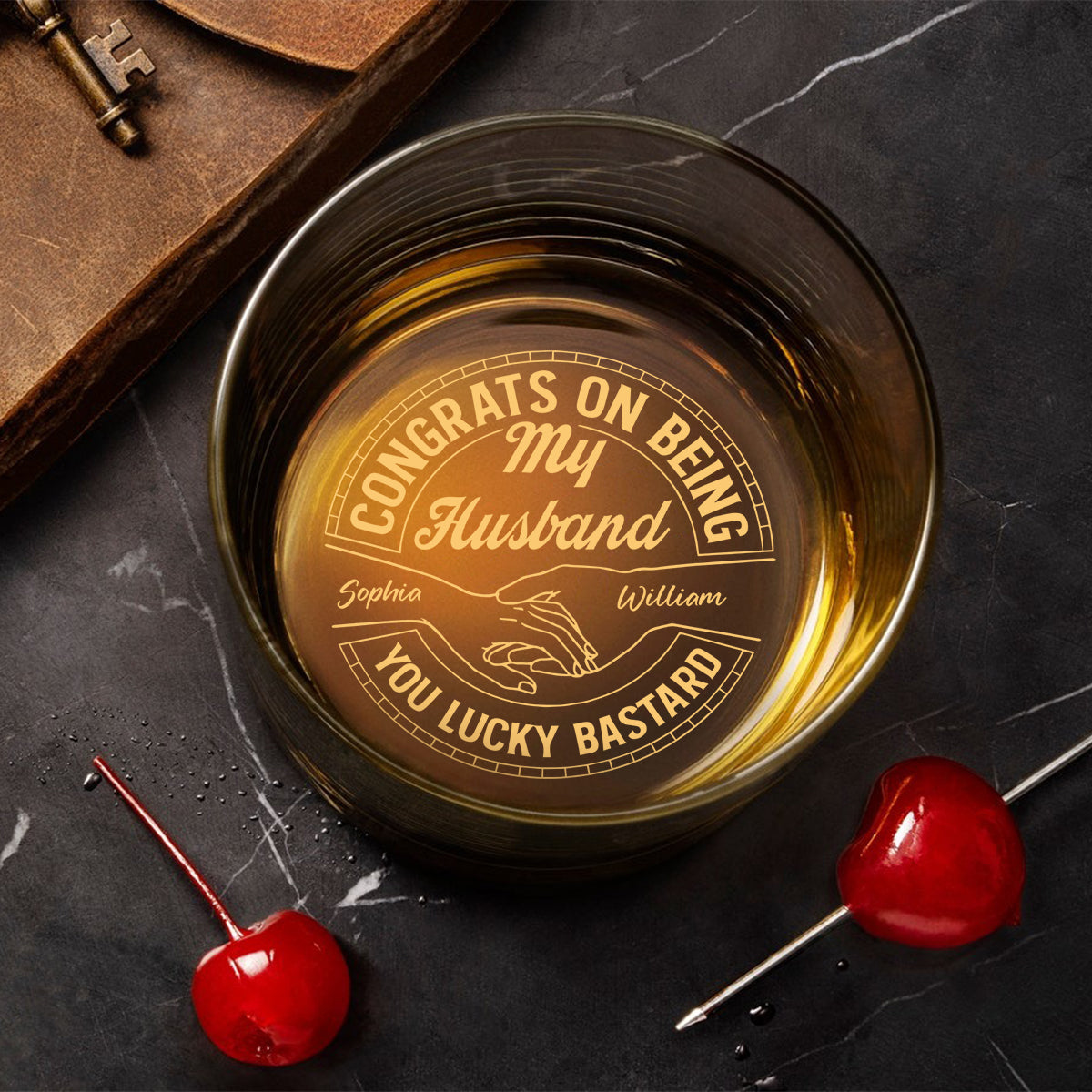 Couple Congrats On Being My Husband You Lucky Man - Personalized Couple Engraved Whiskey Glass