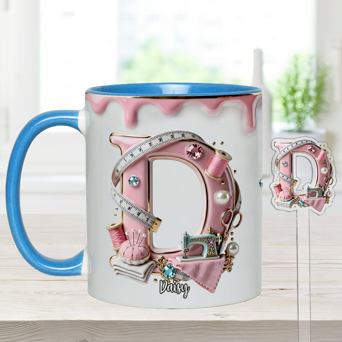 Mug personnalisé « Love Sewing » avec agitateurs en acrylique