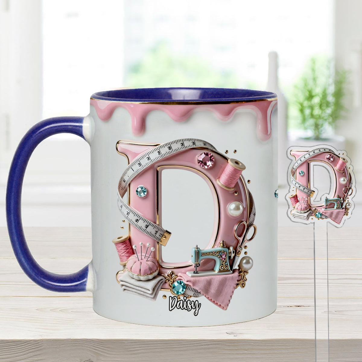 Mug personnalisé « Love Sewing » avec agitateurs en acrylique
