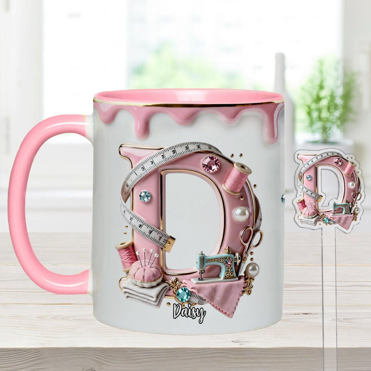 Mug personnalisé « Love Sewing » avec agitateurs en acrylique