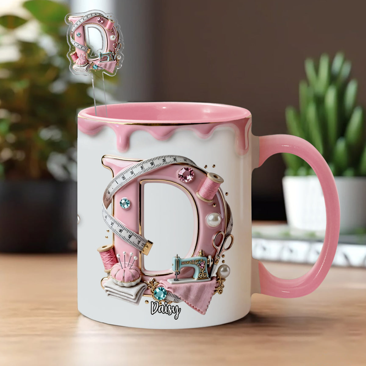 Mug personnalisé « Love Sewing » avec agitateurs en acrylique