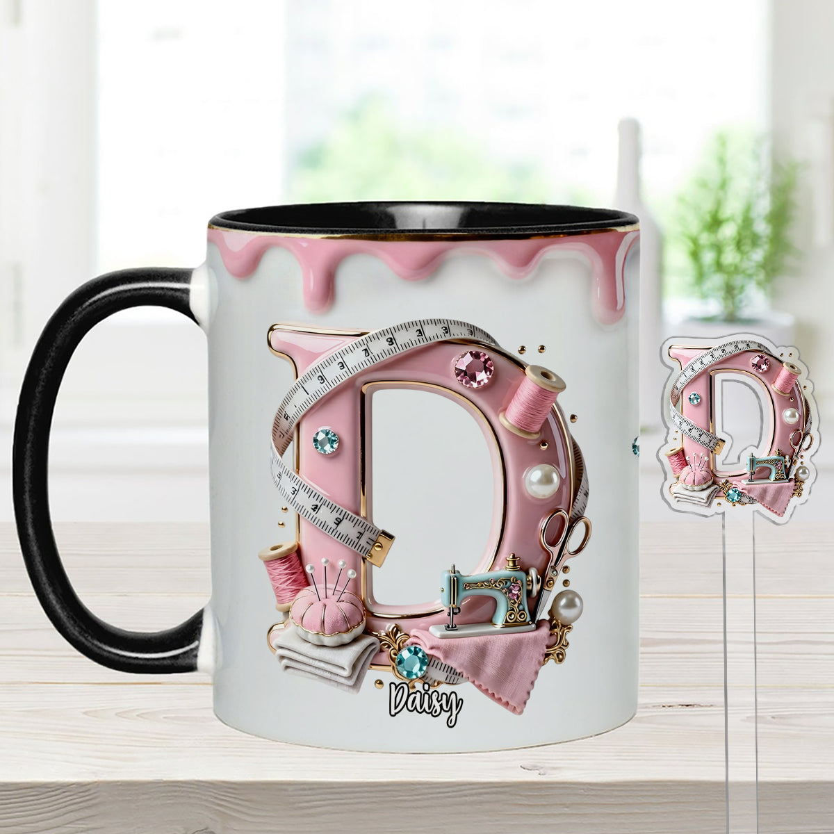Mug personnalisé « Love Sewing » avec agitateurs en acrylique
