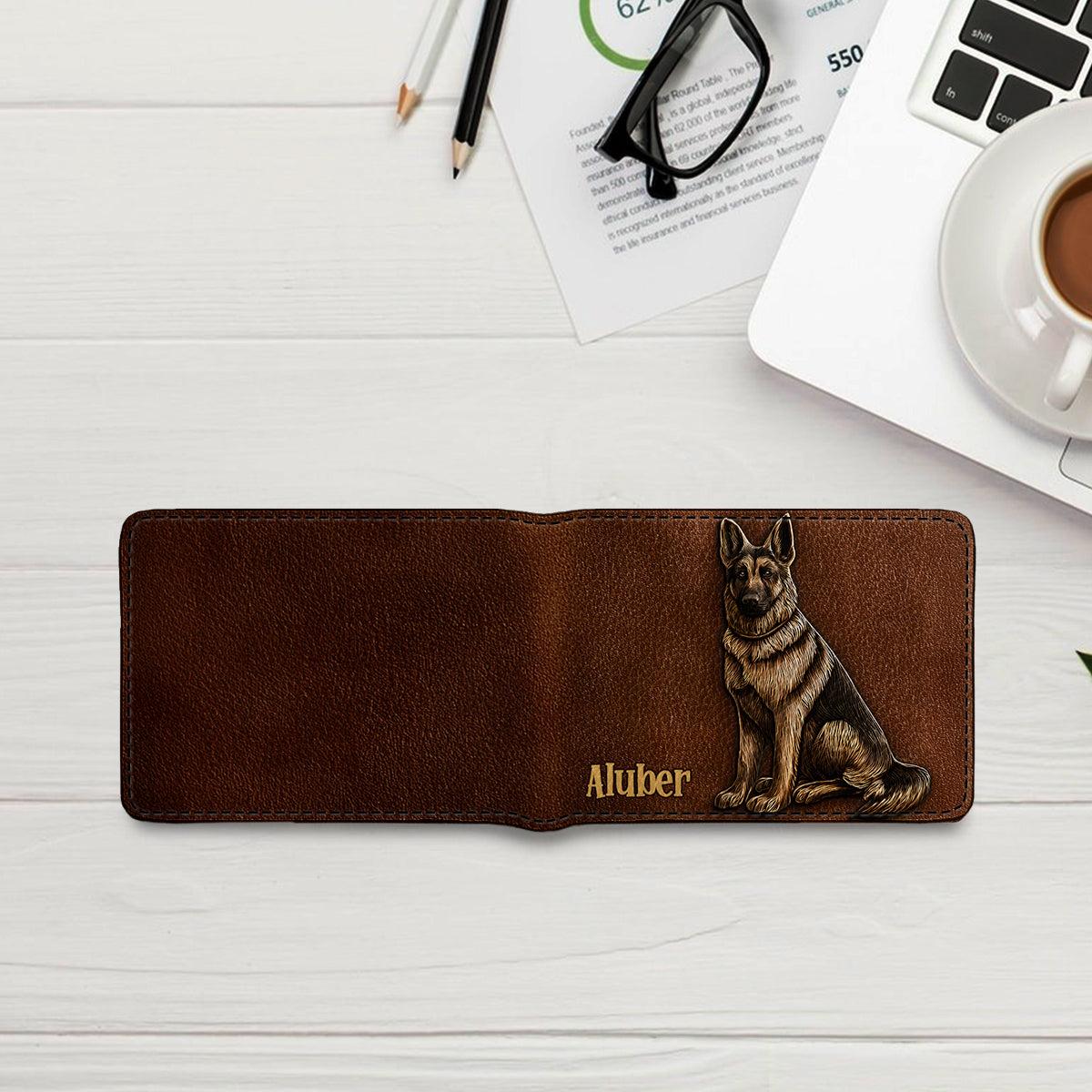 J'aime mon chien - Portefeuille en cuir personnalisé avec un berger allemand