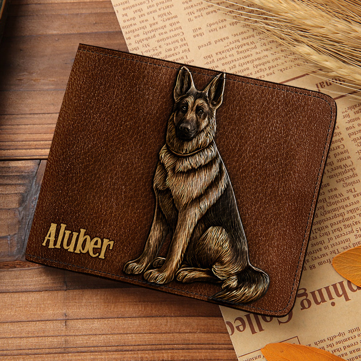 J'aime mon chien - Portefeuille en cuir personnalisé avec un berger allemand