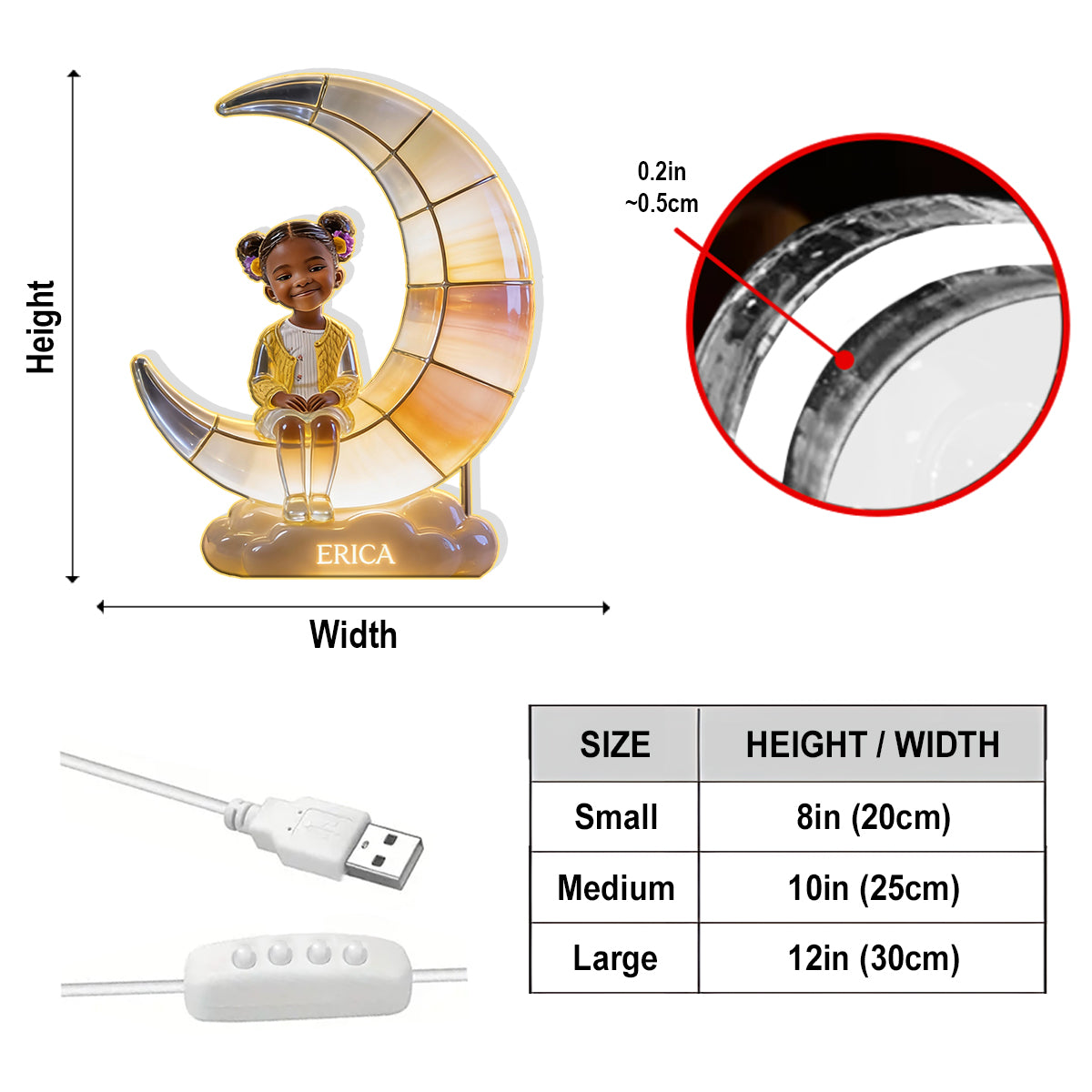 Lampe en forme de croissant de lune - Veilleuse LED personnalisée en acrylique pour enfant